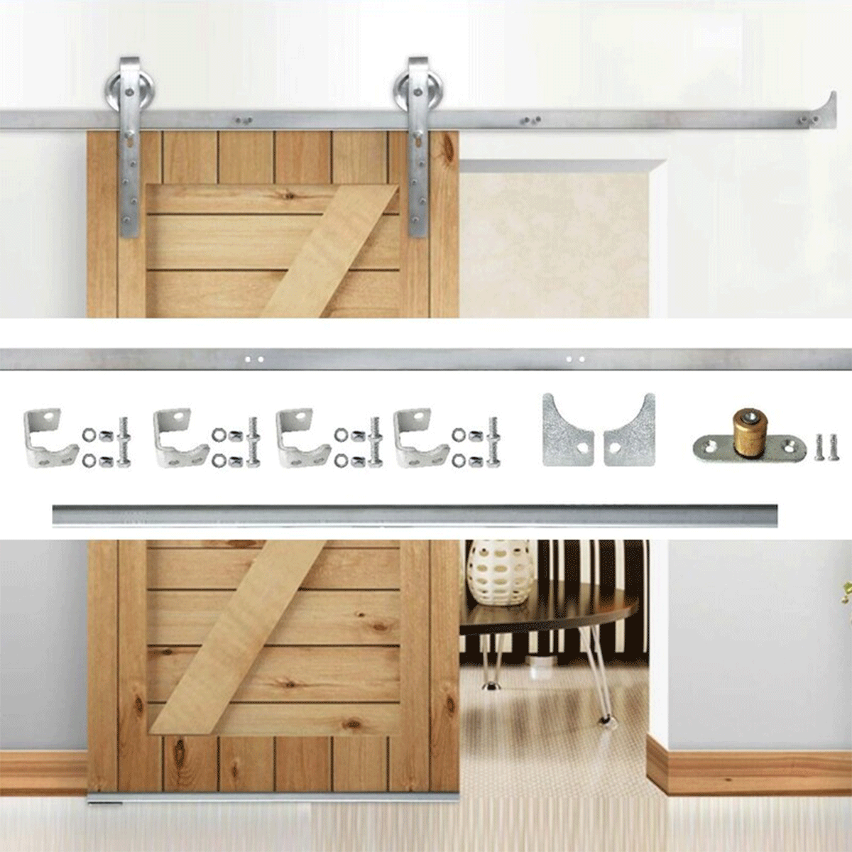 Kit de montare pentru uși glisante cu sină, barn door, - zinc, suport tip S, șină de 1.85m; 76.020