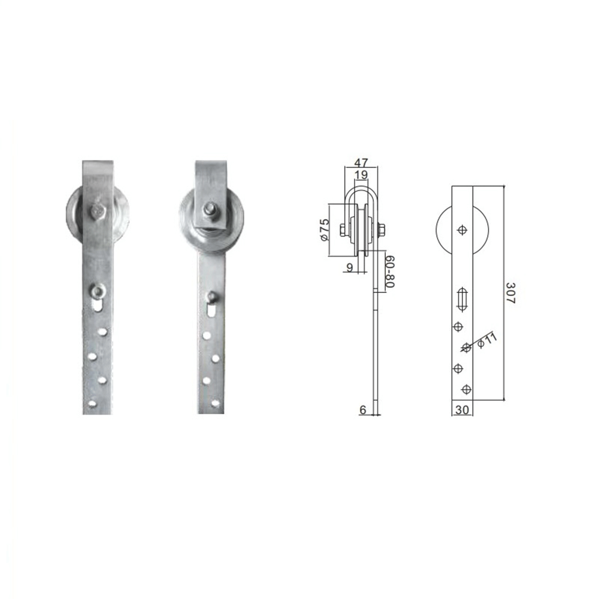 Kit de montare pentru uși glisante cu sină, barn door, - zinc, suport tip S, șină de 1.85m; 76.020