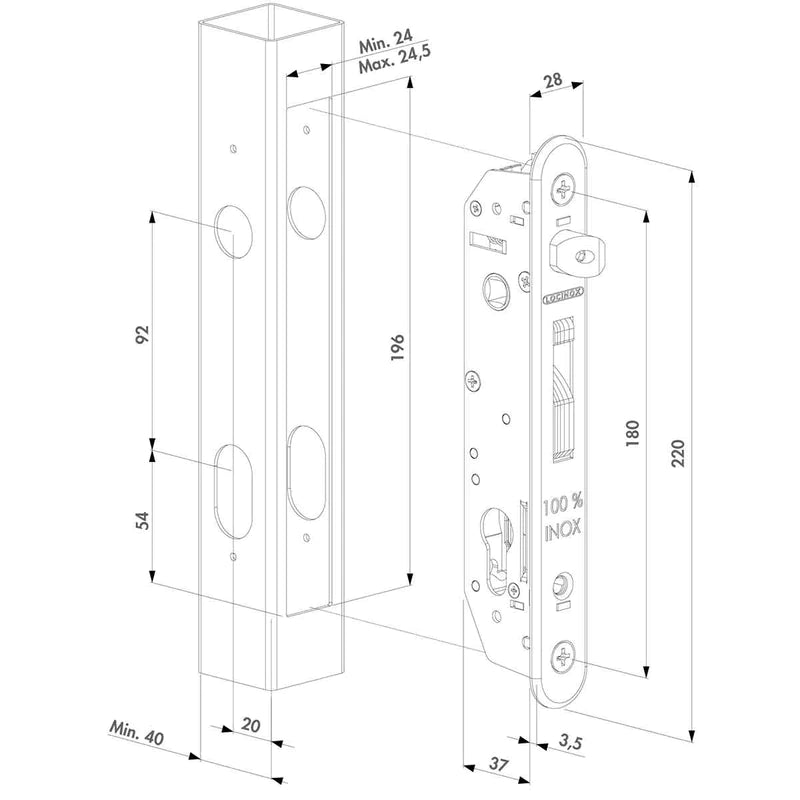 Set încuietoare incastrabilă pentru porti metalice, pentru profile pătrate 40x40 - FORTYSET-40I-JA