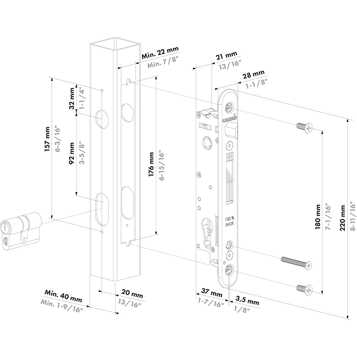 Încuietoare din oțel inoxidabil, pentru porți metalice, pentru profile cu o adâncime minimă de 40 mm - FORTYLOCK