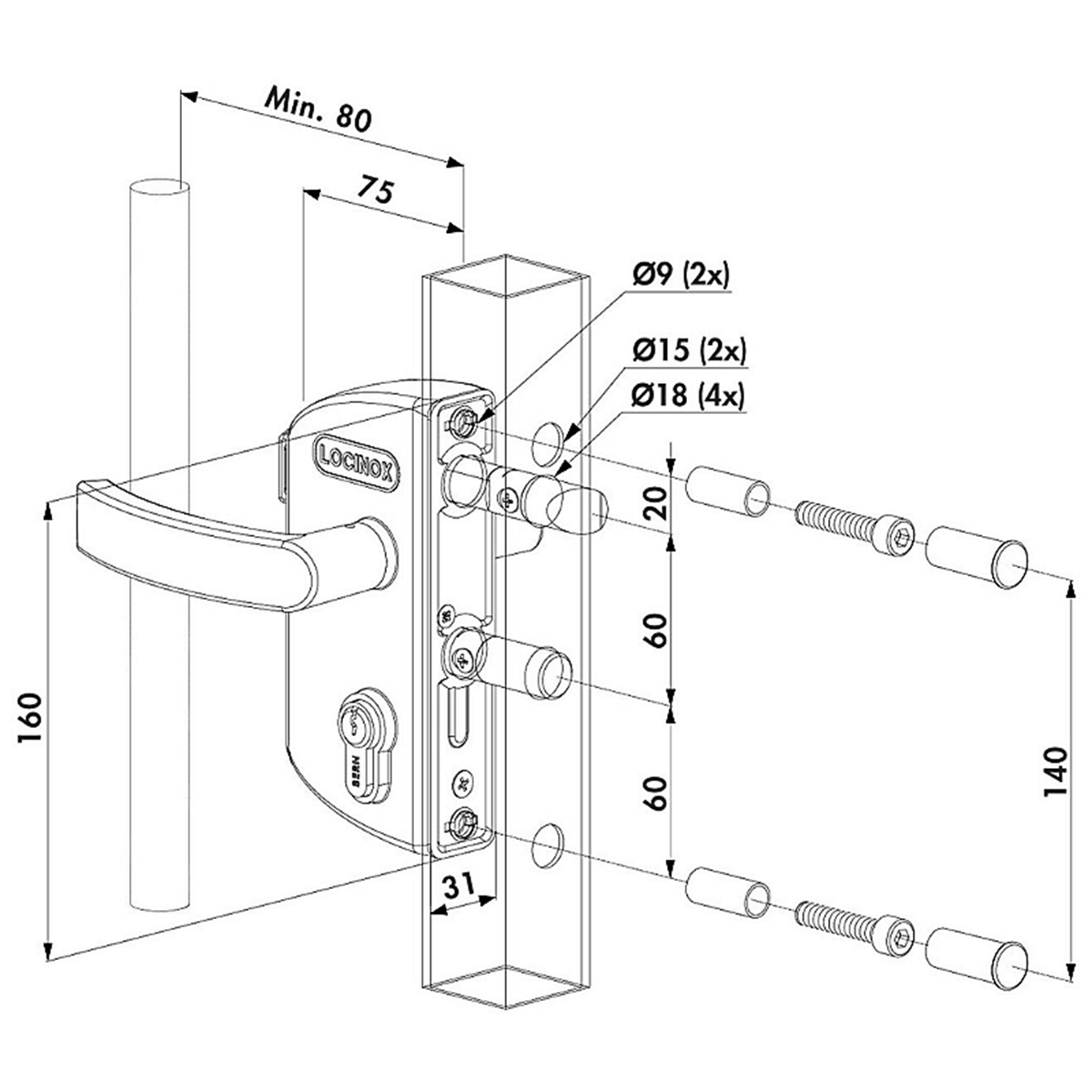 Încuietoare pentru porți metalice, pentru profile 40x40mm - LAKZ40P1LVCAP-9005