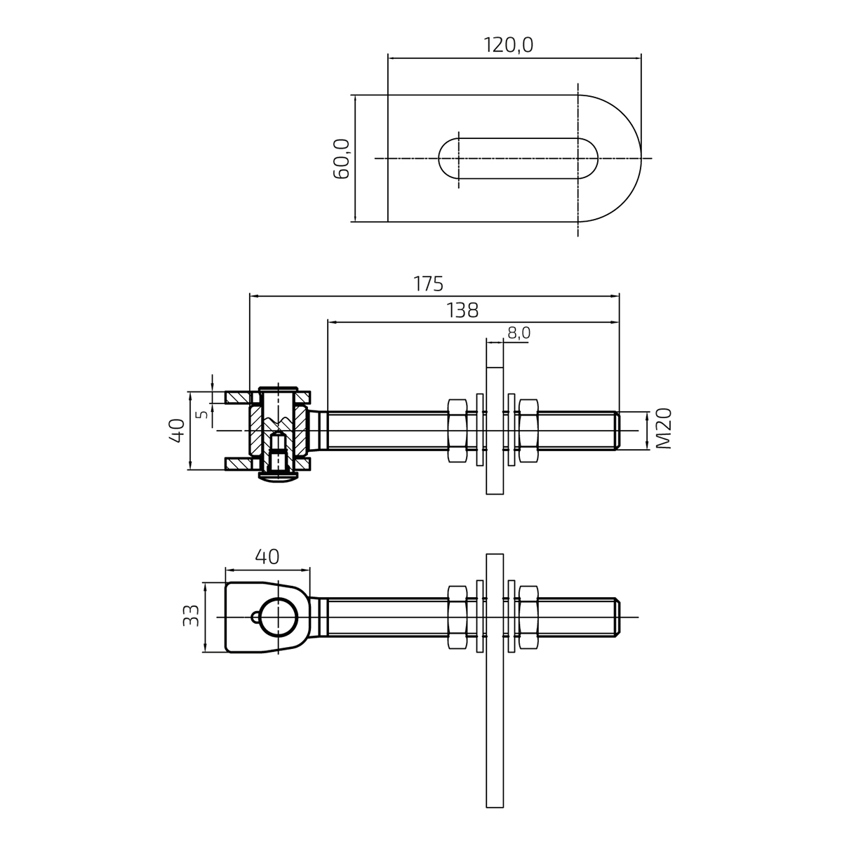 Balama reglabilă M20, pentru porți batante, deschidere 180 grade - 61.047