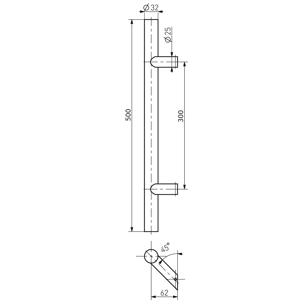Mâner din inox, profil rotund 32, culoare satin, 45 grade, lungime 500mm, distanta dintre găuri 300mm - N64.PJO45500.4US