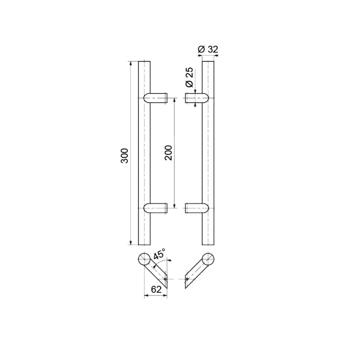 Set mâner din inox, profil rotund 32, culoare satin, 45 grade, lungime 300mm, distanta dintre găuri 200mm - N64.PDO45300.4US