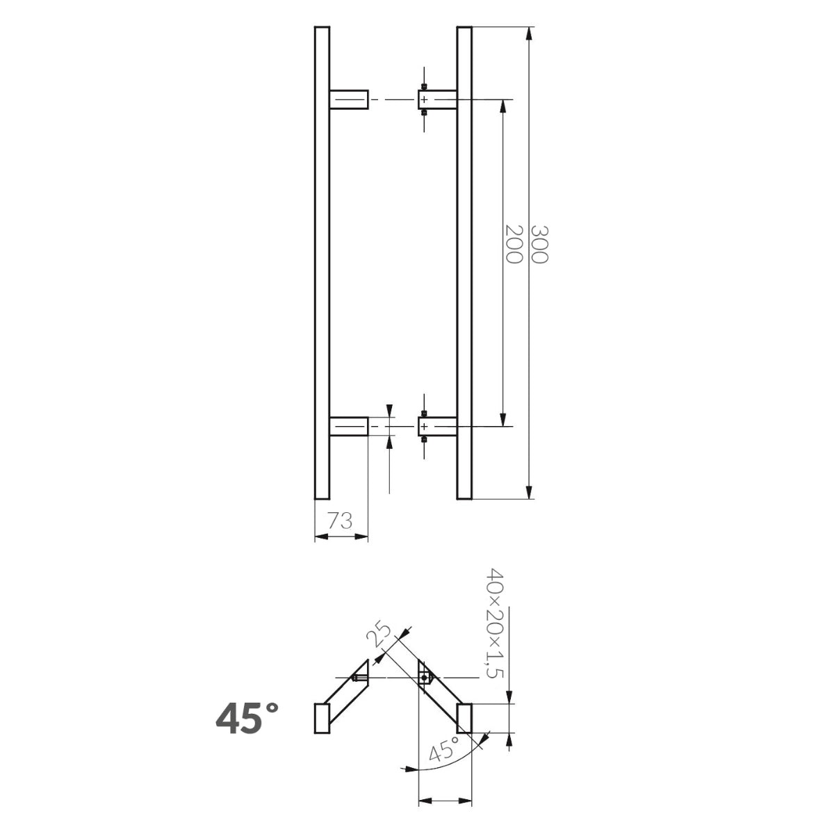 Set mâner din inox, profil drept 40x20mm, culoare neagră, 45 grade, lungime 300mm, distanta dintre găuri 200mm - N64.PDP45300.4UM