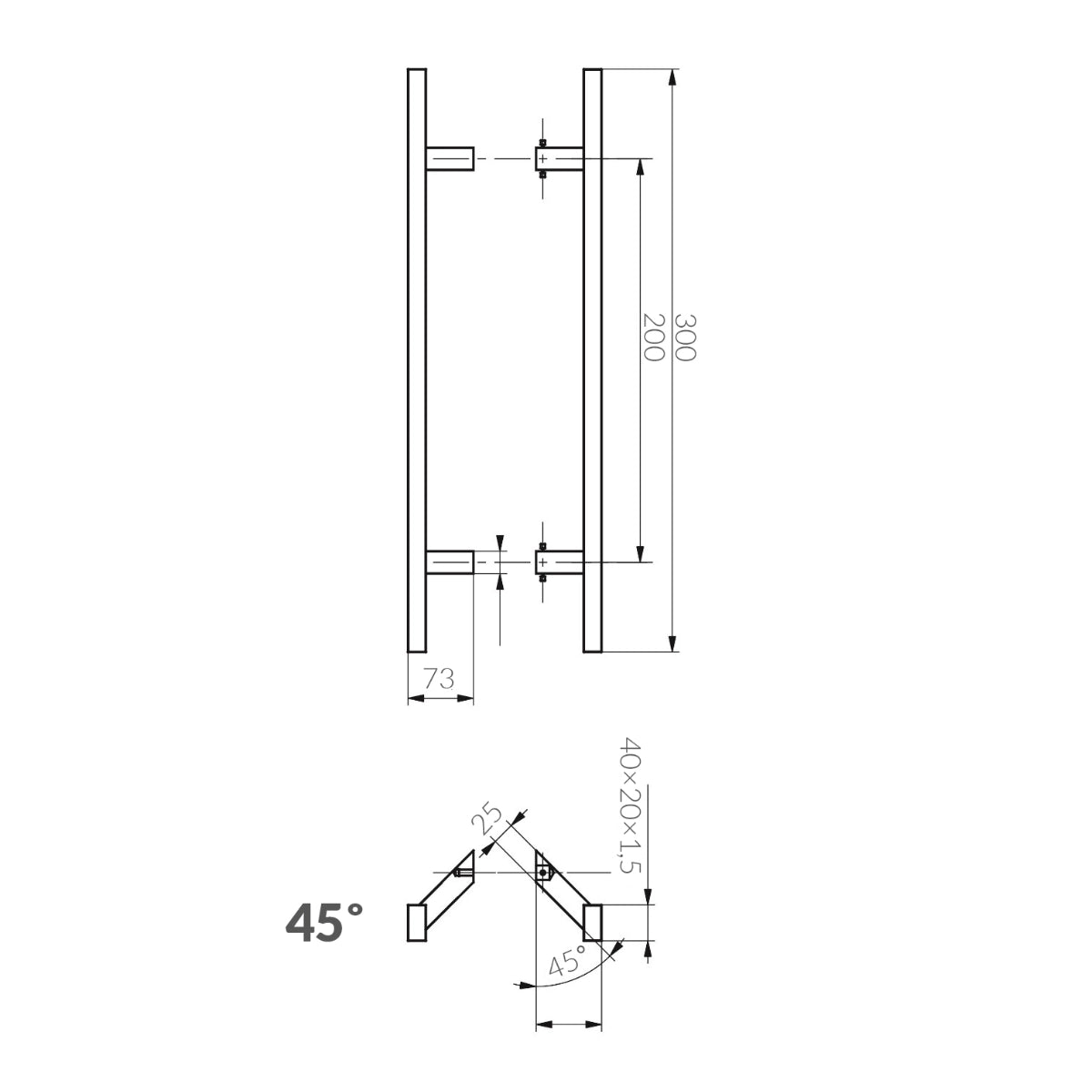 Set mâner din inox, profil drept 40x20mm, culoare satin, 45 grade, lungime 300mm, distanta dintre găuri 200mm - N64.PDP45300.4US