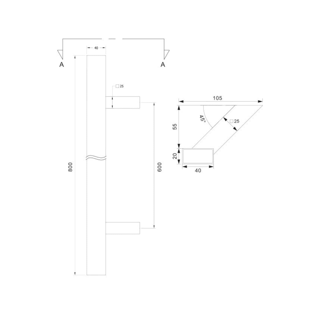 Set mâner din inox, profil drept 40x20mm, culoare satin, 45 grade, lungime 800mm, distanta dintre găuri 600mm - N64.PDP45800.4US