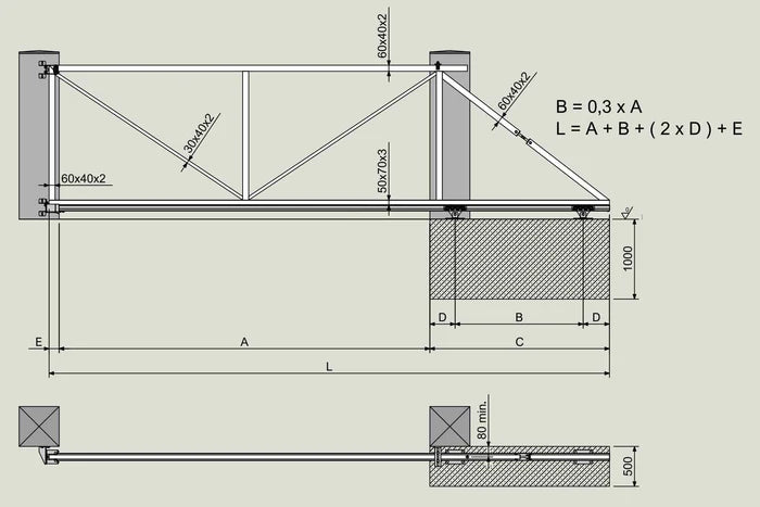 Kit poartă autoportantă, feronerie poartă culisantă autoportantă, sistem autoportant in consolă, pentru deschidere de 4.3m / 450 kg