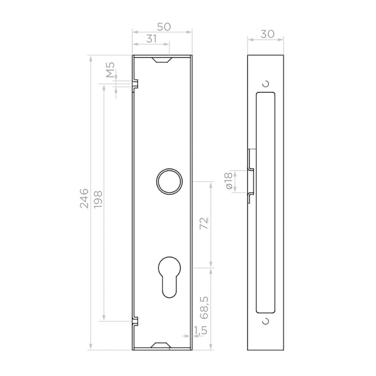 Carcasă metalică + broască incastrabilă pentru profil de 50x30 mm; 63.220.11