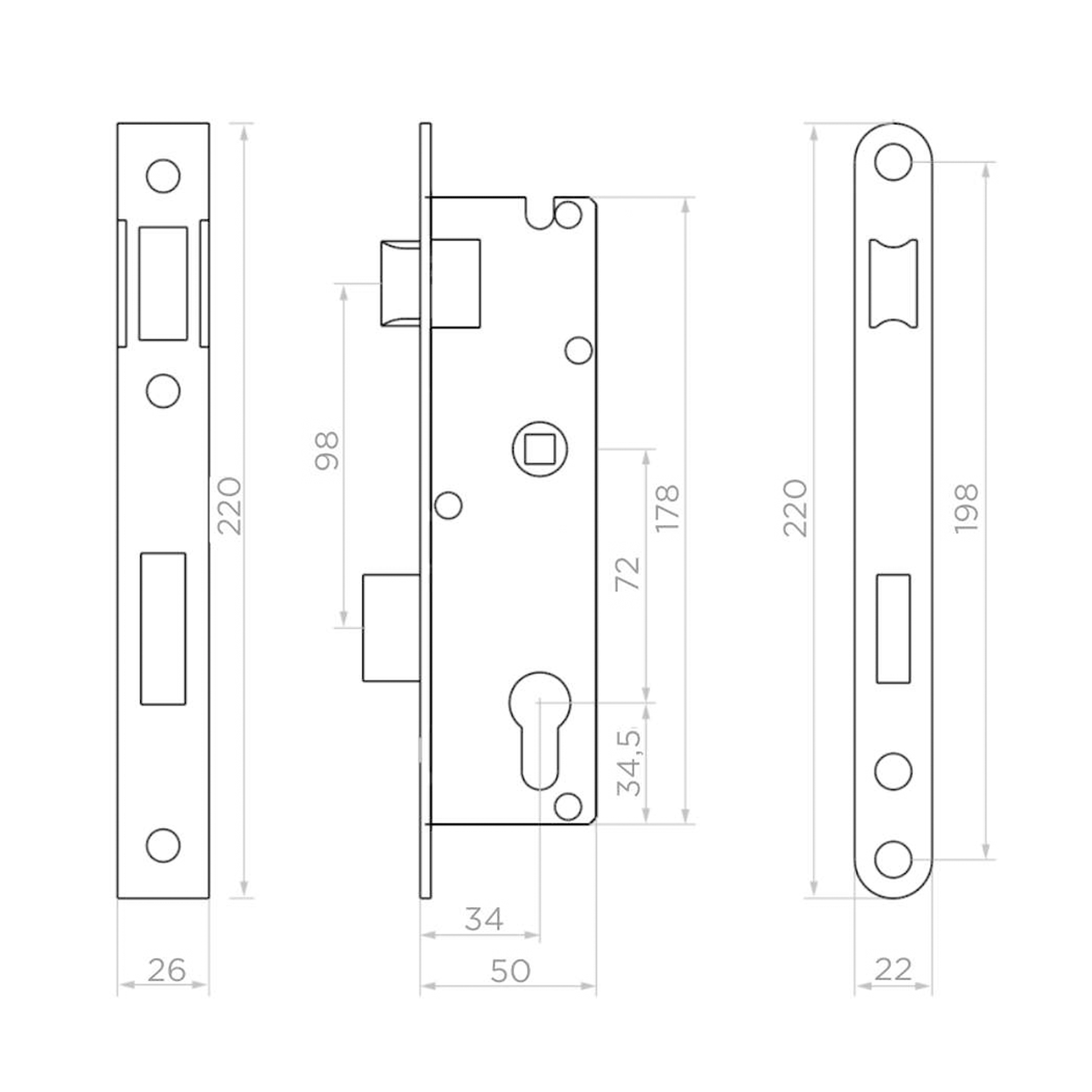 Carcasă metalică + broască incastrabilă pentru profil de 50x30 mm; 63.220.11