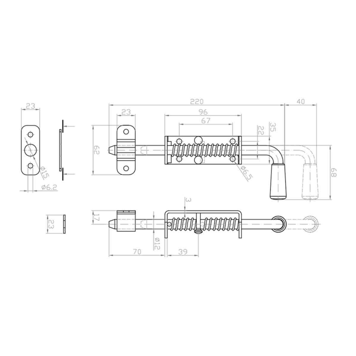 Zăvor cu arc pentru poartă tip L, 220x12mm, galvanizat - 64.066