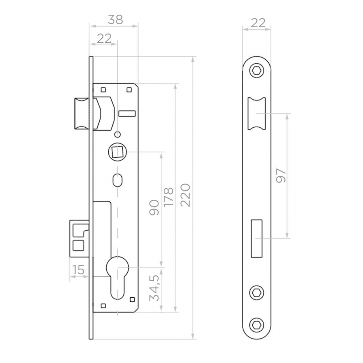 Carcasă metalică + broască incastrabilă pentru profil de 40x40 mm; 63.228