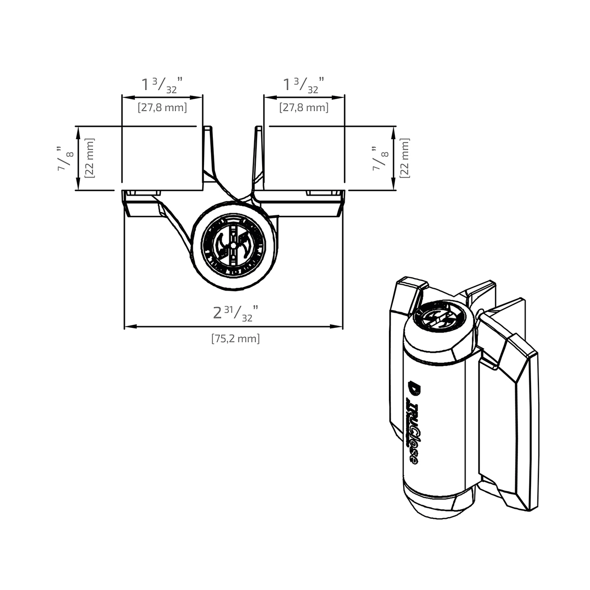 Set balamale self-closing, pentru porți metalice 21 mm/ 30 kg - TruClose DD.TCA1L2S3BT