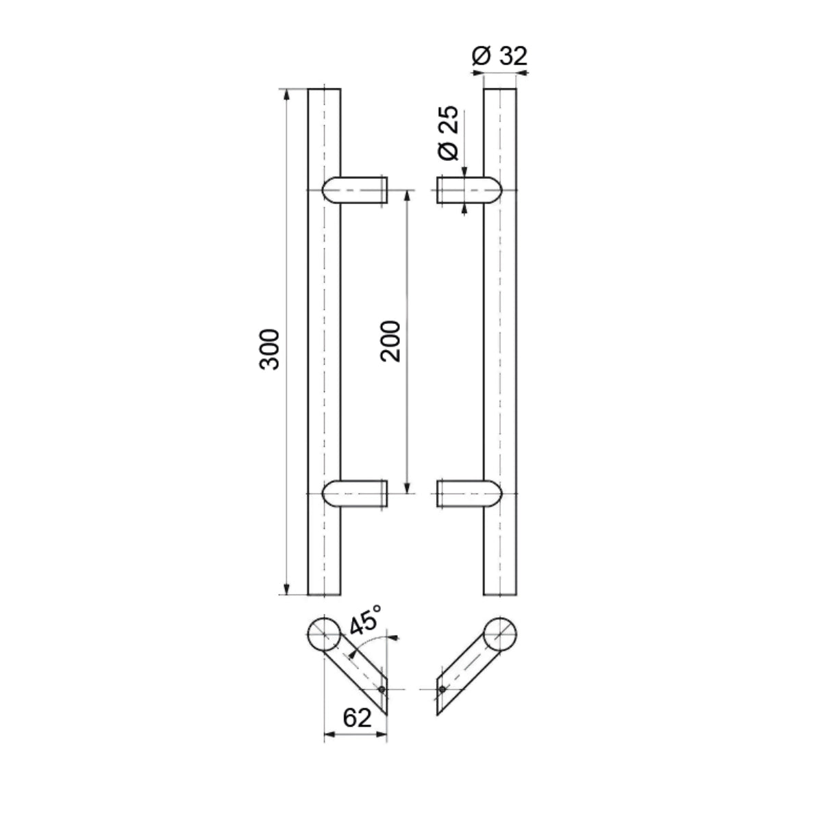Set mâner din inox, profil rotund 32, culoare neagră, 45 grade, lungime 300mm, distanta dintre găuri 200mm - N64.PDO45300.4UM
