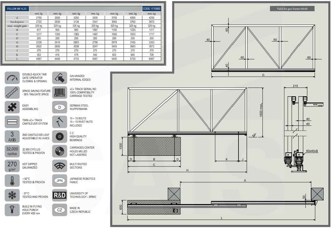 Kit autoportant telescopic 2 foi, pentru deschidere maximă 4.25m/325kg - Follow ME4.25