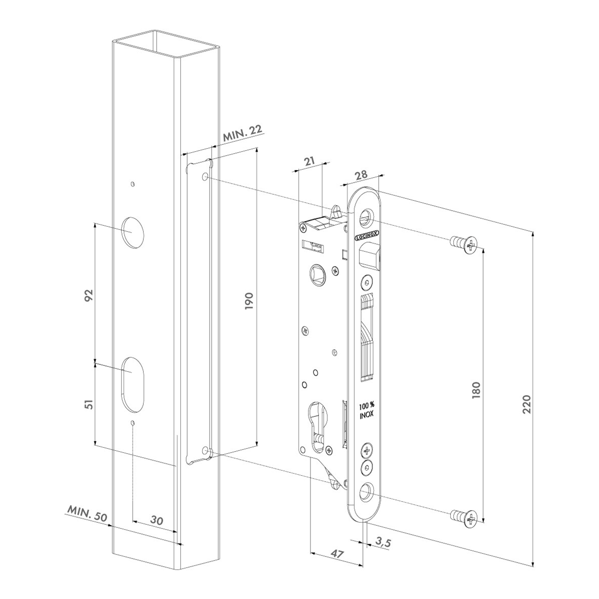 Set încuietoare incastrabilă din inox pentru porti metalice, pentru profile de minim 50 - FIFTYSET-50U-JA