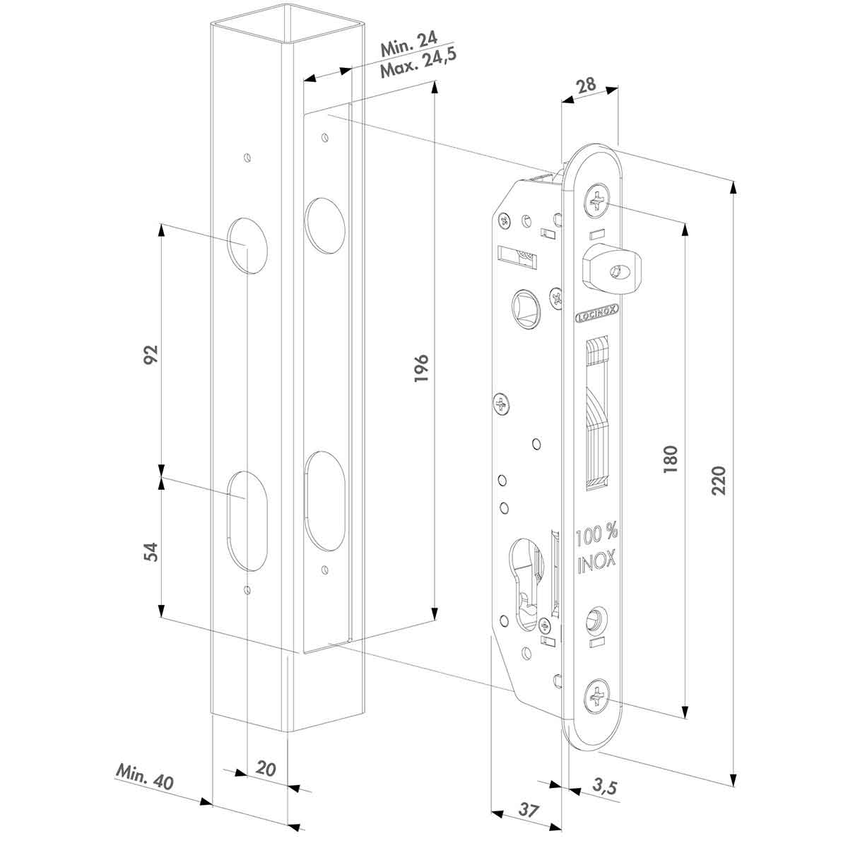 Set încuietoare incastrabilă pentru porti metalice, pentru profile pătrate 40x40 - FORTYSET-40-GP