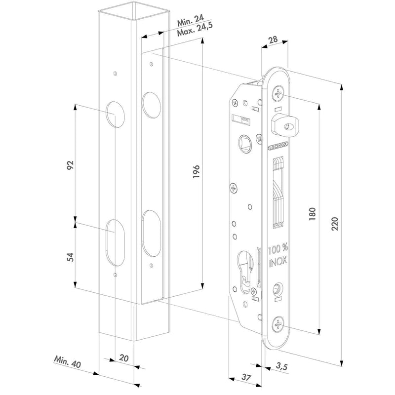 Set încuietoare incastrabilă pentru porti metalice, pentru profile pătrate 40x40 - FORTYSET-40-JA