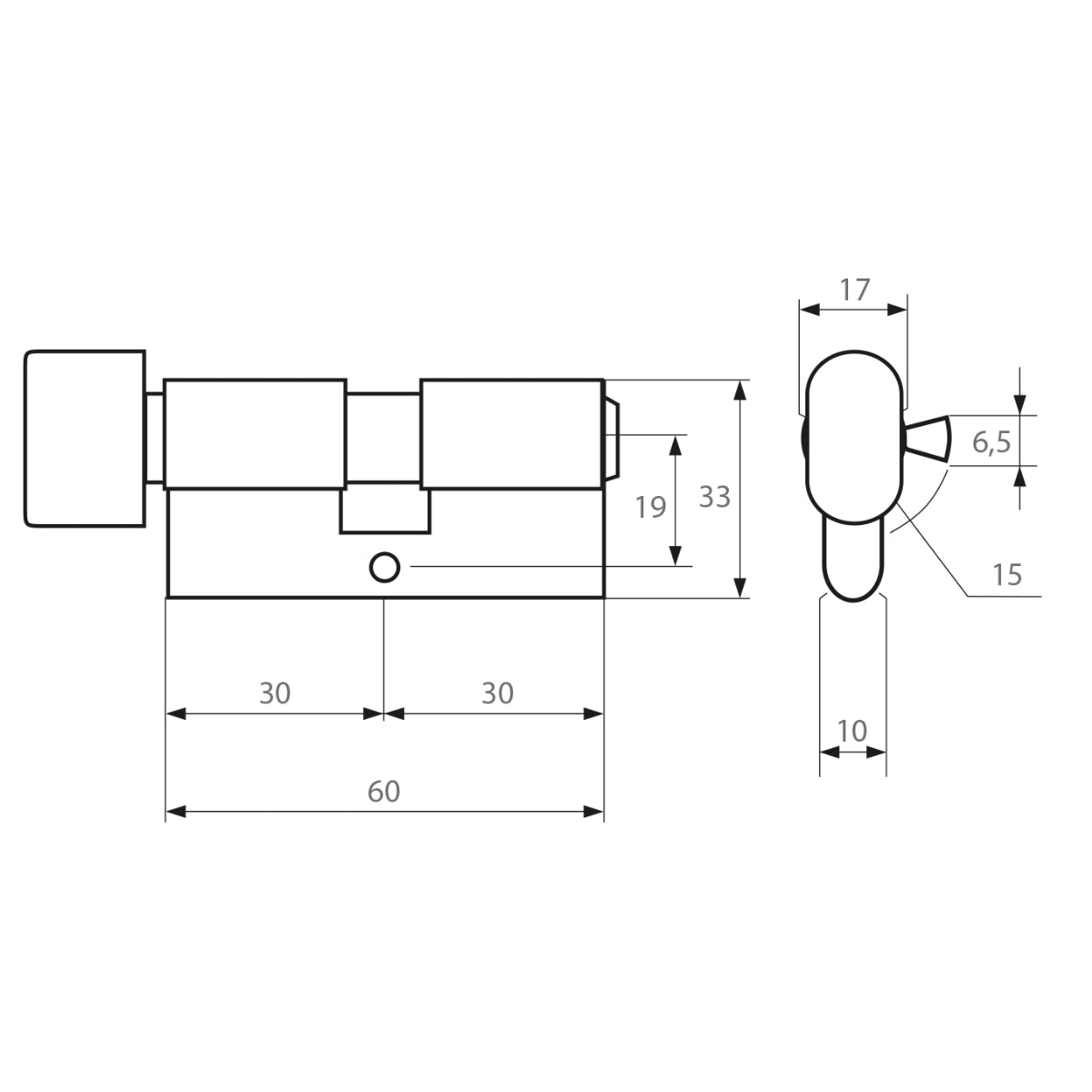 Cilindru cu buton Gerda WKE1 30/30 din alamă, nichel satinat, clasa 2 securitate