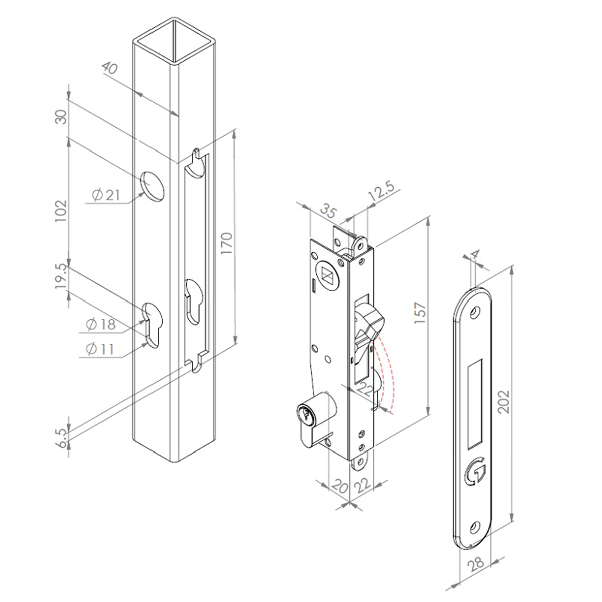 Set încuietoare incastrabilă pentru porti metalice, pentru profile pătrate 40x40 - ML4DCP