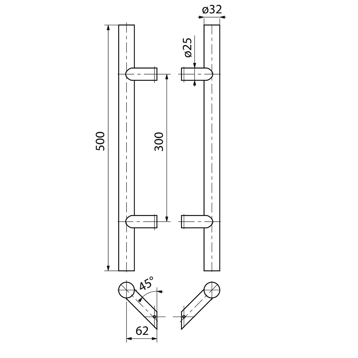 Set mâner din inox,  profil rotund 32, culoare neagră, 45 grade, lungime 500mm, distanta dintre găuri 300mm - N64.PDO45500.4UM