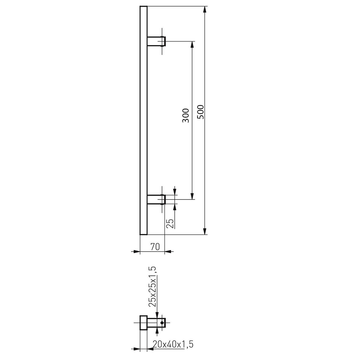 Set mâner din inox, profil drept 40x20mm, culoare neagră, 90 grade, lungime 500mm, distanta dintre găuri 300mm - N64.PDP90500.4UM