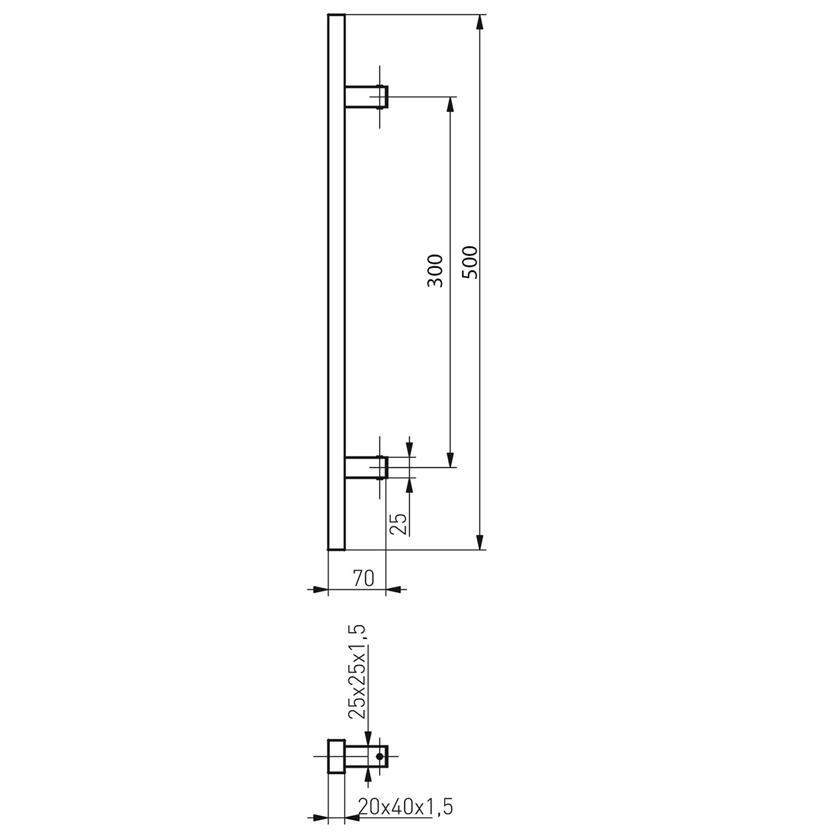 Set mâner din inox, profil drept 40x20mm, culoare satin, 90 grade, lungime 500mm, distanta dintre găuri 300mm - N64.PDP90500.4US