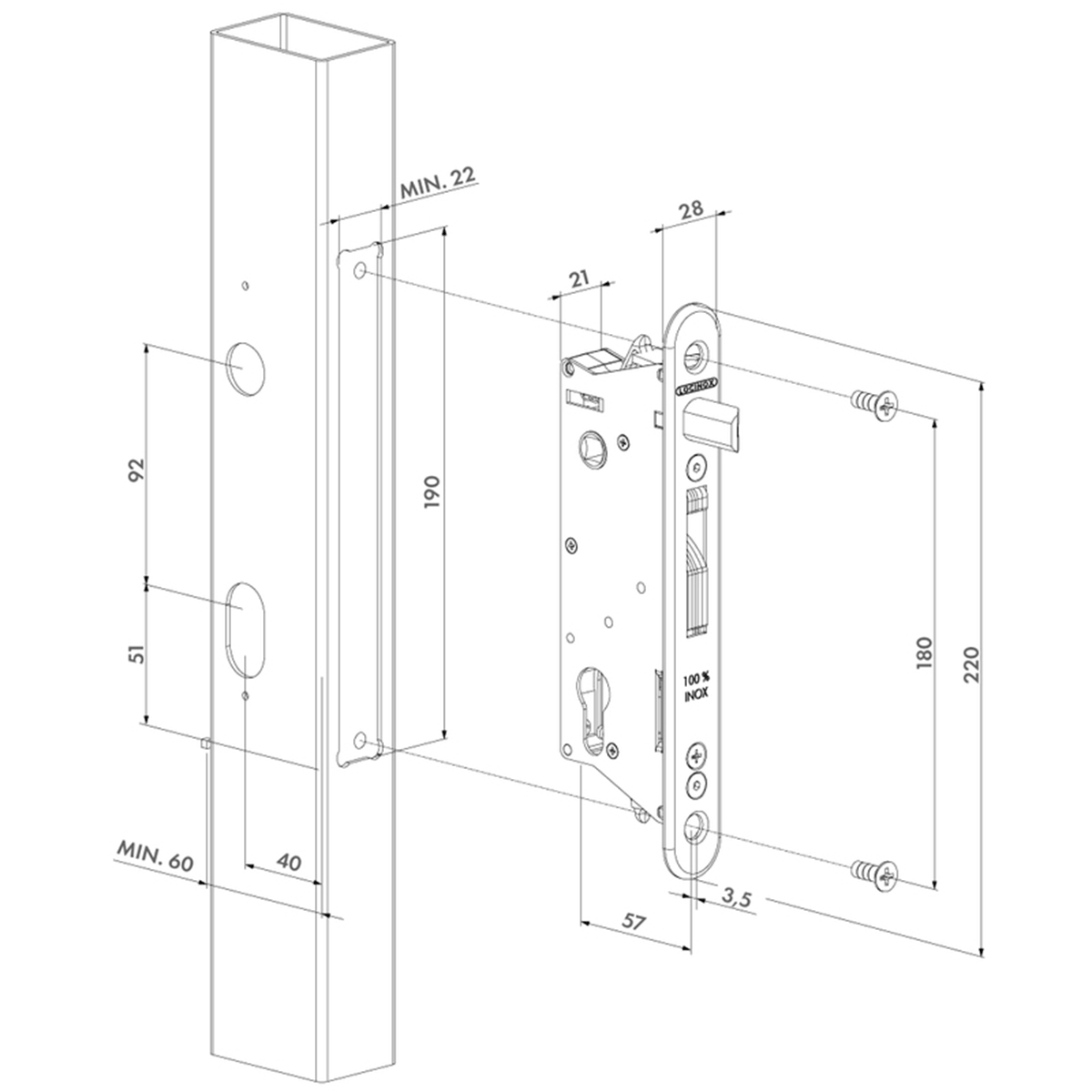 Set încuietoare incastrabilă din inox pentru porti metalice, pentru profile de minim 60 - SIXTYSET-60M-JA