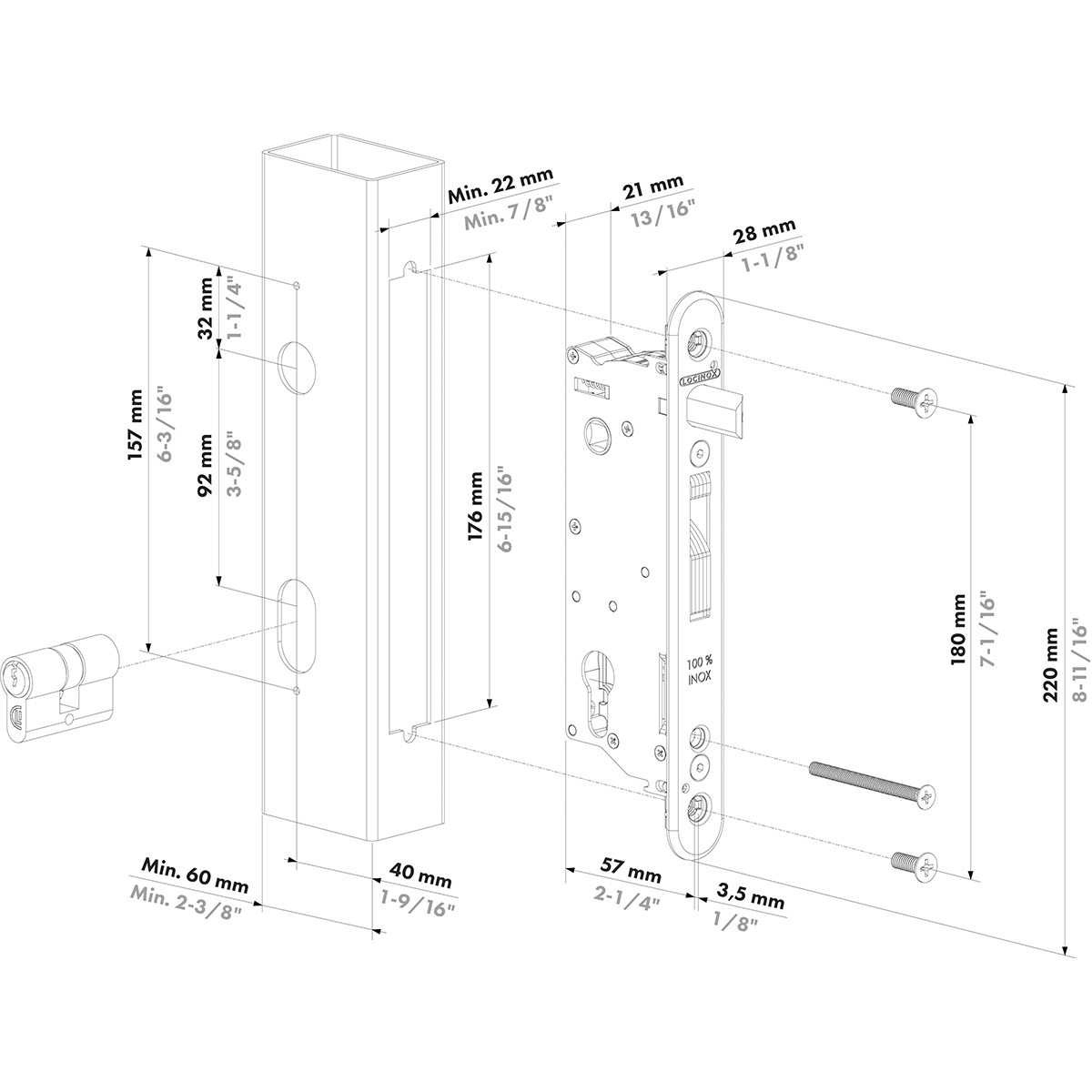 Încuietoare din oțel inoxidabil, pentru porți metalice, pentru profile cu o adâncime minimă de 60 mm - SIXTYLOCK