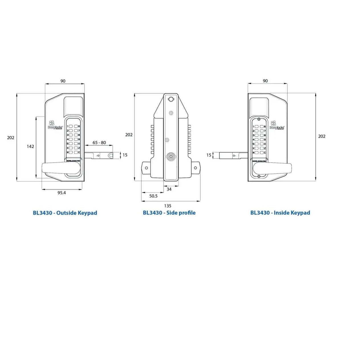 Broască cu cod BL3430 ECP pentru poartă metalică, tastaturi pe ambele părți, zăvor 65–80 mm