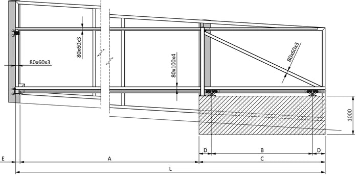 Kit poartă autoportantă, feronerie poartă culisantă autoportantă, sistem autoportant in consolă, gol înclinată 6m / 600 kg - seria DEMO MEK