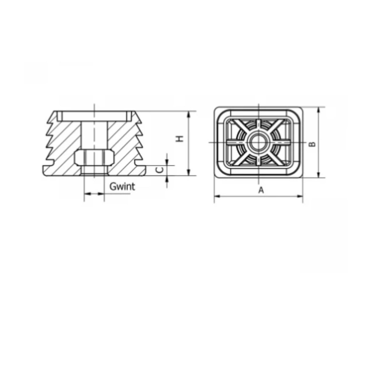 Capac din plastic cu piuliță pentru țeavă pătrată 40x50; M10 - Art.3263