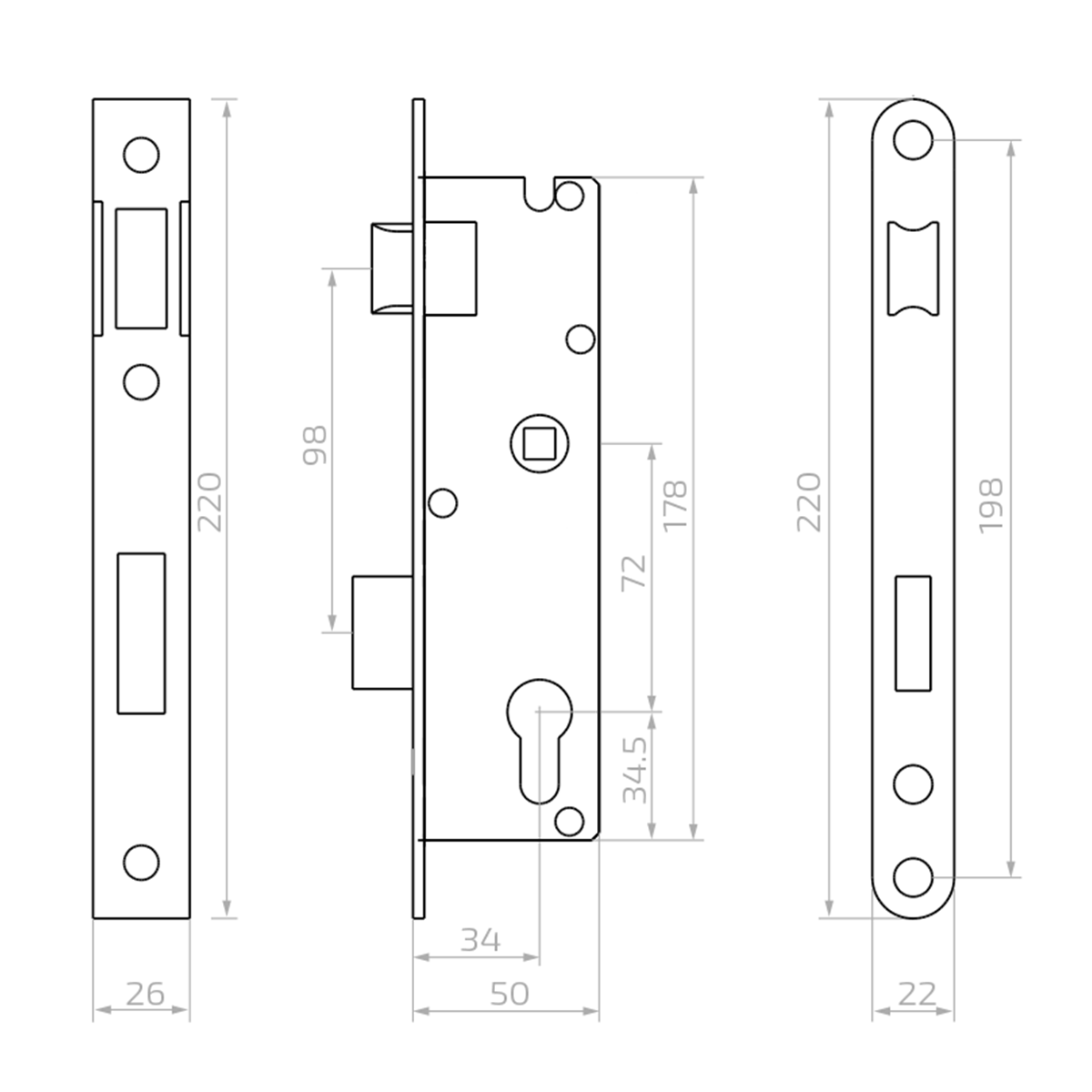 Carcasă metalică + broască incastrabilă pentru profil de 60x40 mm; 63.222.11