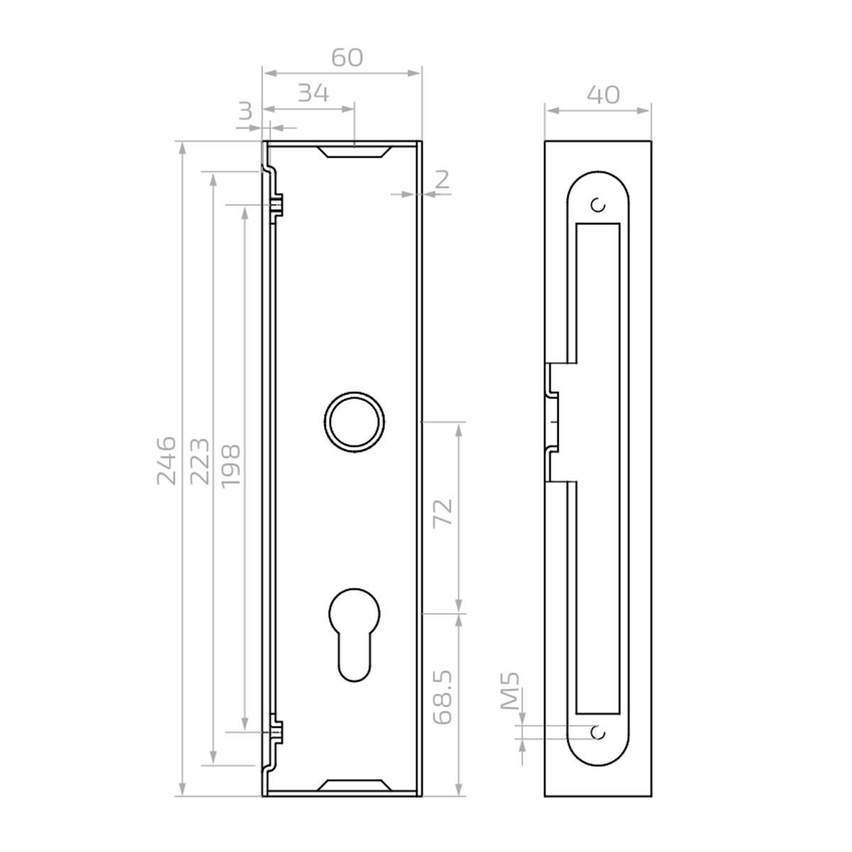 Carcasă metalică + broască incastrabilă pentru profil de 60x40 mm; 63.222.11