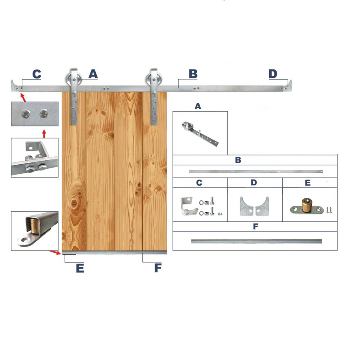 Kit de montare pentru uși glisante cu sină, barn door, - zinc, suport tip S, șină de 1.85m; 76.020