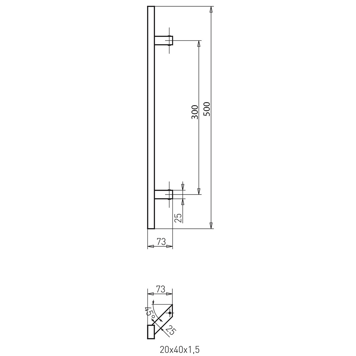 Mâner din inox, profil drept 40x20mm, culoare neagră, 45 grade, lungime 500mm, distanta dintre găuri 300mm - N64.PJP45500.4UM