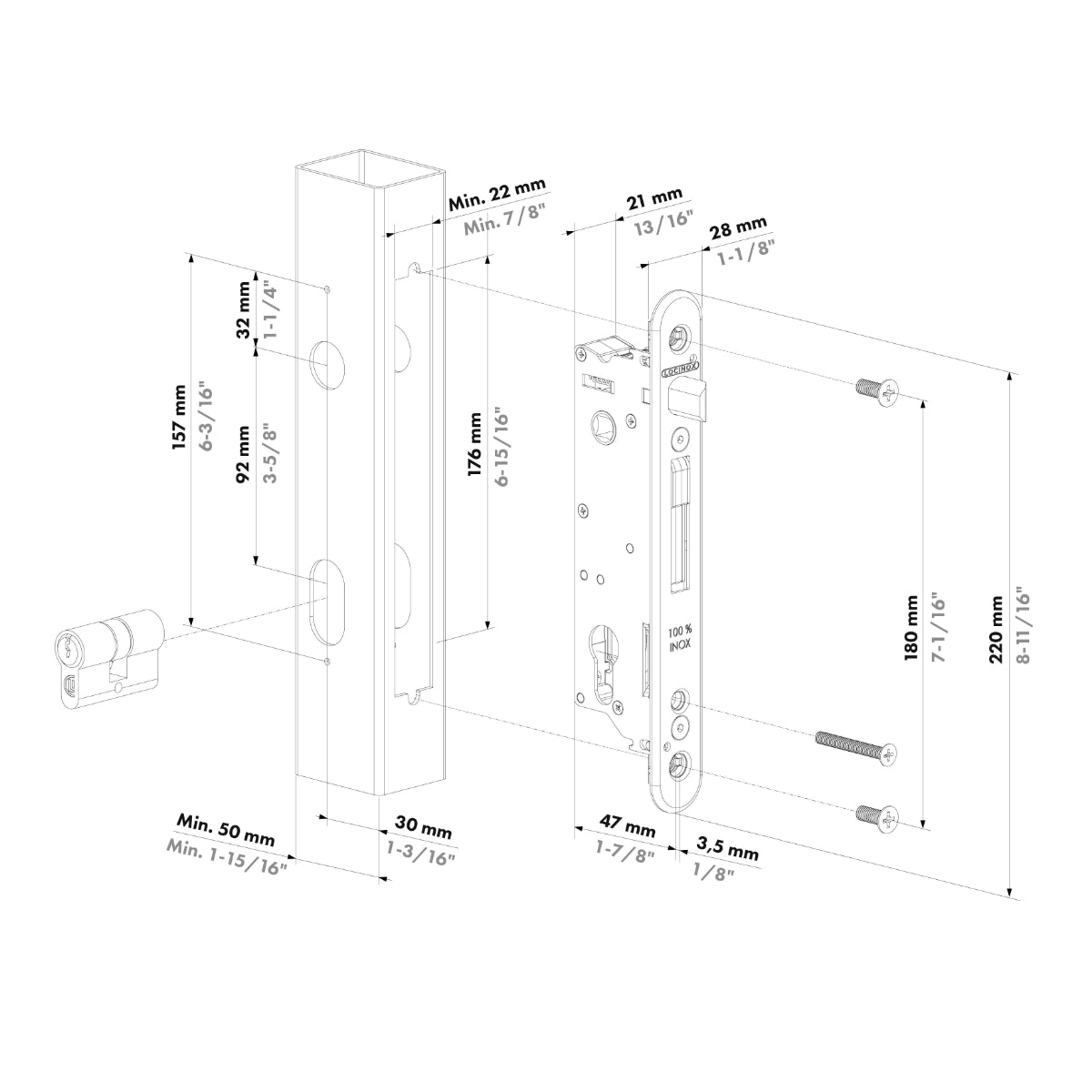 Încuietoare din oțel inoxidabil, pentru porți metalice, pentru profile cu o adâncime minimă de 50 mm - FIFTYLOCK