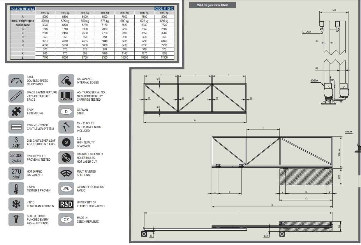 Kit autoportant telescopic 2 foi, pentru deschidere maximă 8m/650kg