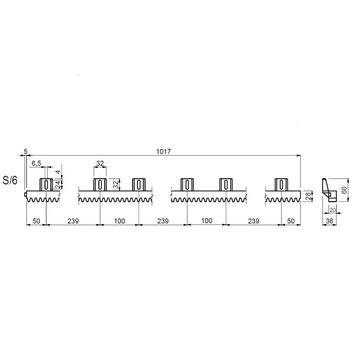 Cremalieră din nylon cu inserție metalică pentru porți culisante - S/6